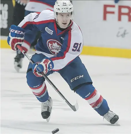  ?? DAN JANISSE ?? The Windsor Spitfires Aaron Luchuk had a pair of goals as Windsor defeated the Saginaw Spirit 4-3 in their regular-season finale Saturday in Saginaw. The Spits will take on the London Knights in the first round of the Western Conference playoffs beginning on Friday.