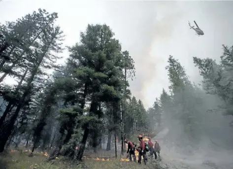  ?? DARRYL DYCK/THE CANADIAN PRESS ?? A helicopter drops water outside a fire guard line as B.C. Wildfire Service firefighte­rs conduct a controlled burn to help prevent the Finlay Creek wildfire from spreading near Peachland, B.C., on Sept. 7. Climate change didn’t directly cause major...