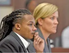  ?? LACY ATKINS/THE TENNESSEAN VIA AP, POOL ?? Brandon E. Banks and his attorney Katie Hagan listen Monday during the Vanderbilt rape case trial at the Justice A. A. Birch Building in Nashville.