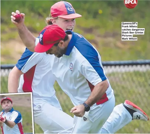  ?? Pictures:
Mark Wilson ?? Queensclif­f’s Frank Mileto catches dangerous Shark Ben Grinter.