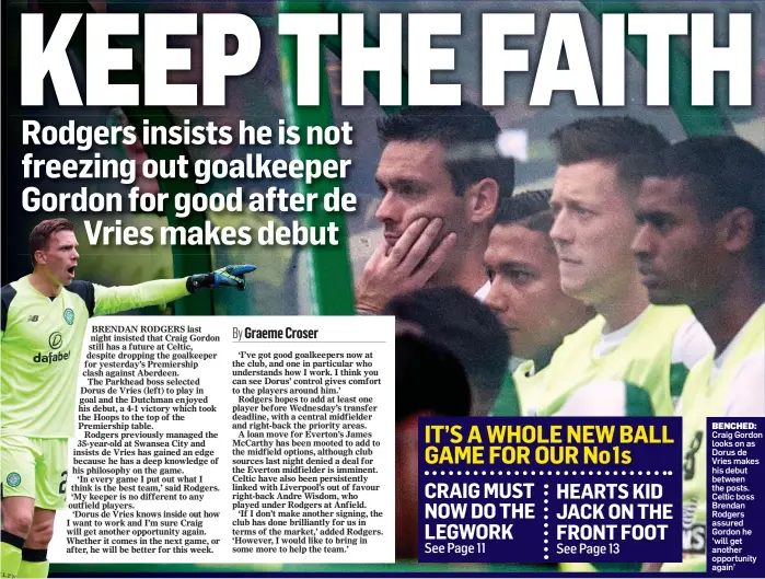  ??  ?? BENCHED: Craig Gordon looks on as Dorus de Vries makes his debut between the posts. Celtic boss Brendan Rodgers assured Gordon he ‘will get another opportunit­y again’