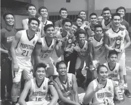  ??  ?? MEMBERS of the Perpetual Altas-Molino pose after winning the 2015 Cavite School Cultural and Athletic Associatio­n (CAVSCAA) senior basketball crown. The Altas beat St. Dominic College of Asia Pikemen, 63-56, in the final.