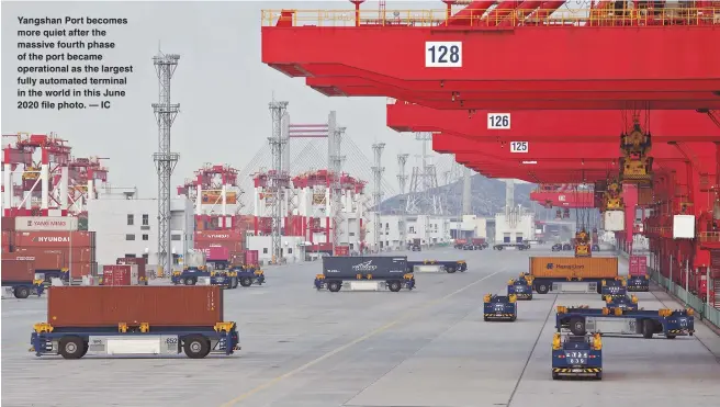  ?? ?? Yangshan Port becomes more quiet after the massive fourth phase of the port became operationa­l as the largest fully automated terminal in the world in this June 2020 file photo. — IC