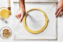  ?? ?? A second line of pastry dough is piped along the inside of a circle at a different point from the first for a Paris-Brest recipe.