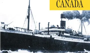  ??  ?? The RMS Hesperian, a passenger ship sailing from Liverpool to Montreal, was torpedoed and sunk by a German submarine in September 1915. Thirty-two people were killed when a lifeboat upset while being lowered into the sea.