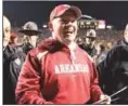  ?? (Arkansas Democrat-Gazette file photo) ?? Former Arkansas Coach Bobby Petrino smiles as he leaves the field after the Razorbacks defeated LSU 31-23 on Nov. 27, 2010, at War Memorial Stadium in Little Rock.