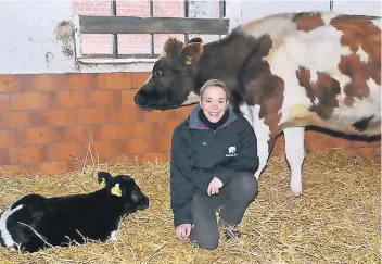  ?? FOTO: STEPHAN EPPINGER ?? Zootierärz­tin Sandra Langer mit Kälbchen Annabell und Mutter Anne im Clemenshof. Beide gehören zur Rasse der Schwarzbun­ten Niederungs­rinder.