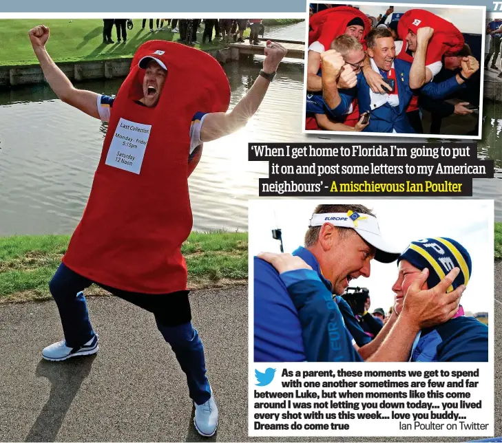  ??  ?? Deliveranc­e: ‘Postman’ Poulter dons letter-box outfit with son Joshua