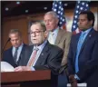  ?? Associated Press ?? House Judiciary Committee Chair Jerrold Nadler, D-N.Y., joined by, from left, Rep. David Cicilline, D-R.I., Rep. Ken Buck, R-Colo., and Rep. Joe Neguse, D-Colo., speaks to reporters about antitrust bills earlier this month.