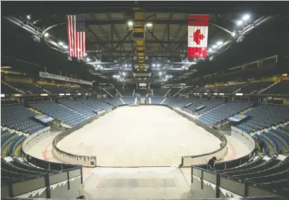  ?? TROY FLEECE ?? The empty Brandt Centre on Thursday being prepared to host a rodeo on Saturday.