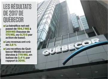  ?? PHOTO D’ARCHIVES, AGENCE QMI ?? Québecor inc., dont on aperçoit ici le siège social à Montréal, détient actuelleme­nt une participat­ion de 81,53 % dans Québecor Média, la Caisse détenant le reste des actions.