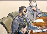  ??  ?? In this courtroom sketch, R. Kelly, center, sits with his defense attorneys Thomas Farinella, top, and Nicole Blank Becker during the first day of his defense in his sex traffickin­g case Monday in New York. (AP Photo/Elizabeth Williams)