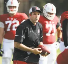  ?? Jim Gensheimer / Special to The Chronicle ?? Stanford offensive line coach Kevin Carberry said his linemen “listen. They’re not stubborn. They’re a pleasure to coach.”