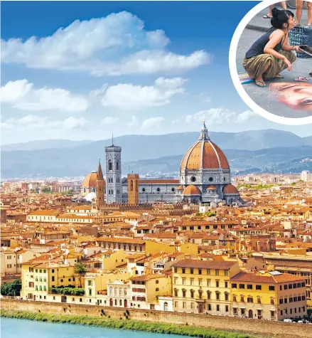  ??  ?? ● Clockwise from main: A panorama of the Arno River and cathedrals of Florence; classic Italian cuisine at Chianti vineyard; looking down on the city from a hillside