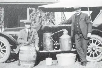  ??  ?? This photograph of a moonshine still is displayed at the Alberta Provincial Police Barracks. Booze flowed freely in B.C. three years before Alberta, so rum-running between the provinces was rampant.