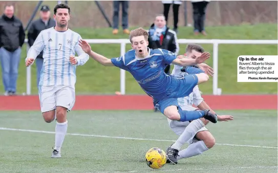  ?? Photos: Kevin Ramage ?? Up in the air Rovers’ Alberto Vezza flies through the air after being upended