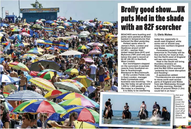  ??  ?? Hot and cold... crowds cover the beach in Southend as horses cool off at Highcliffe Beach, Dorset, left