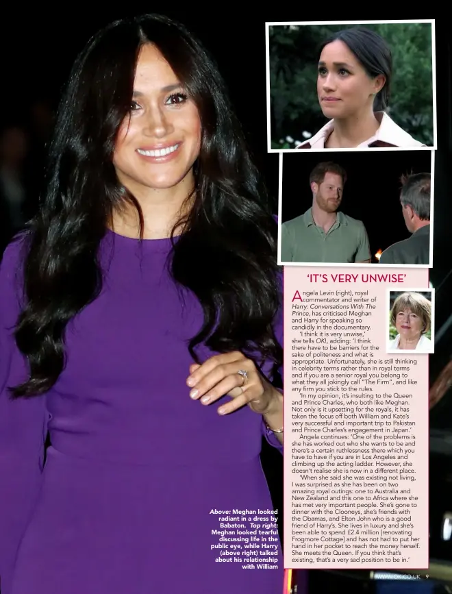  ??  ?? Above: Meghan looked radiant in a dress by Babaton. Top right: Meghan looked tearful discussing life in the public eye, while Harry (above right) talked about his relationsh­ip with William