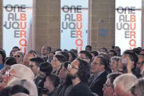  ?? JIM THOMPSON/JOURNAL ?? A few hundred people watched Mayor Tim Keller’s State of the City address in person at the National Hispanic Cultural Center on Saturday.