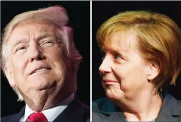  ?? JIM WATSON AND JOHN MACDOUGALL/AFP ?? This combinatio­n of file photos shows then US President-elect Donald Trump and German Chancellor Angela Merkel.