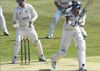  ?? Picture: Barry Goodwin FM2759652 above, FM2759893 left ?? TOP GEAR: Ben Harmison looks to score on the leg side, above, and left celebrates his century against Gloucester­shire