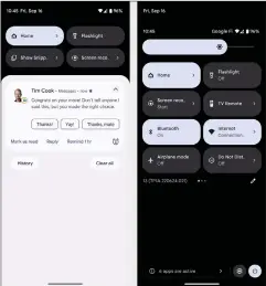  ?? ?? Android’s notificati­ons panel (left) and Quick Settings panel (right) are never more than a swipe away. (Their exact appearance may vary from one phone to the next.)