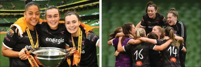  ??  ?? Rianna Jarrett, Orlaith Conlon and Lauren Dwyer with the spoils of success. Wexford Youths Women celebrate their third piece of silverware this season.