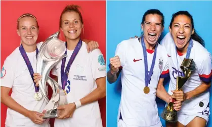  ?? Getty Images; Naomi Baker/Fifa via Getty Images ?? Beth Mead (left) and Rachel Daly celebrate England’s Euro 2022 triumph; Tobin Heath and Christen Press with the World Cup after USA’s 2019 win. Composite: Catherine Ivill/Uefa via