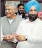  ??  ?? ■ State Congress chief Sunil Jakhar with Sukhjinder Singh Randhawa (Dera Baba Nanak).