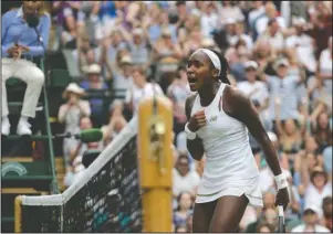  ?? The Associated Press ?? BRING IT ON: United States’ Cori “Coco” Gauff reacts after winning the second set against Slovenia’s Polona Hercog Friday in a women’s singles match during the fifth day of the Wimbledon Tennis Championsh­ips in London.