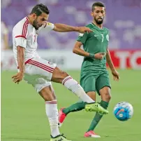  ?? Photo by Ryan Lim ?? UAE Striker Ali Mabkhout takes a shot at goal during the match against Saudi Arabia on Tuesday. —