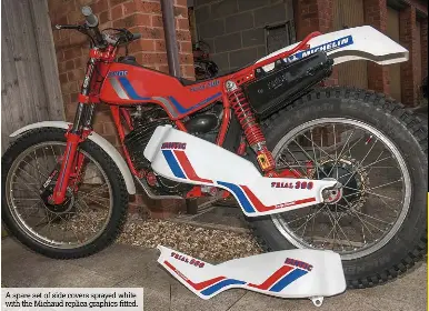  ??  ?? A spare set of side covers sprayed white with the Michaud replica graphics fitted.