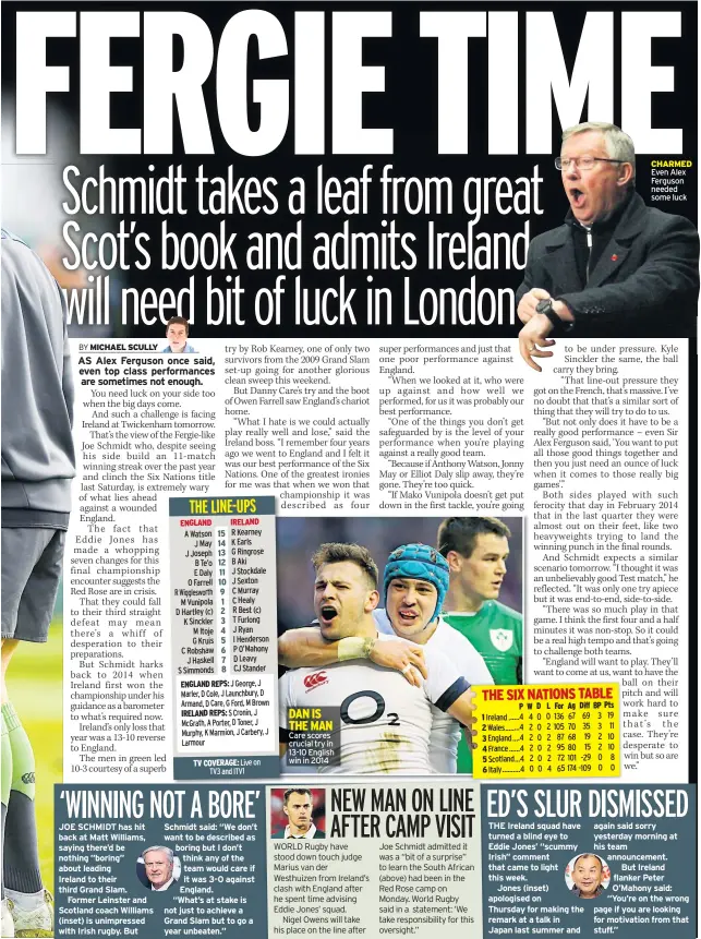  ??  ?? Care scores crucial try in 13-10 English win in 2014 THE SIX NATIONS TABLE CHARMED Even Alex Ferguson needed some luck