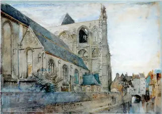  ??  ?? Abbeville: Church of St Wulfran from the river. Pencil, watercolou­r and bodycolour, 34.3 x 50.2 cm