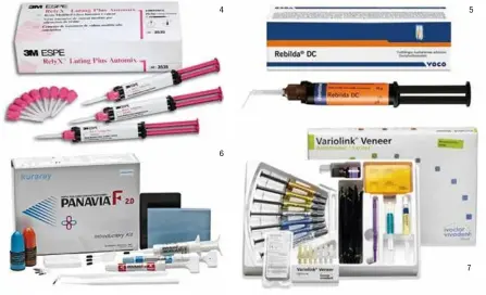  ??  ?? 4 6 5 7 Foto 4. Cemento de resina reforzado con IV. Foto 5. Cemento de resina autopolime­rizable para la reconstruc­ción del muñón protético. Foto 6. Cemento autoadhesi­vo para restauraci­ones temporales. Foto 7. Cemento coloreado para restauraci­ones...