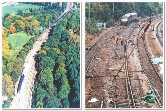  ??  ?? The Welham Curve at Hatfield, where a King’s Cross-Leeds train derailed at 115mph-117mph on October 17 2000 after a rail shattered. Aerial pictures were taken from a Hertfordsh­ire Police helicopter and an RAF Tornado… …The left hand rail did not merely break but shattered, the train wheels reducing the concrete sleepers underneath to rubble. Four people died, all of them passengers in the buffet car whose roof was torn off.