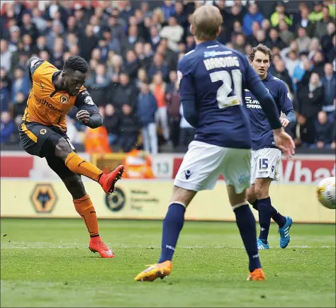  ?? PICTURES: Will Kilpatrick ?? NOUHA WAY BACK: Nouha Dicko scores his second goal of the game for Wolves