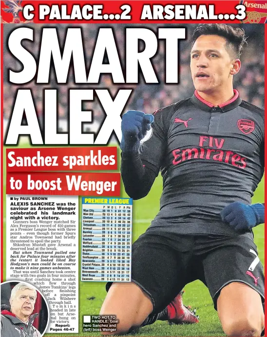  ??  ?? TWO HOT TO HANDLE: Goal hero Sanchez and (left) boss Wenger