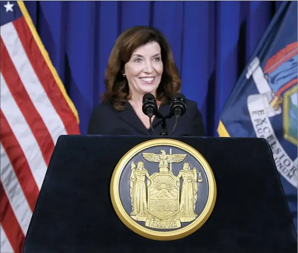  ??  ?? New York Lt. Gov. Kathy Hochul gives a news conference at the State Capitol, Wednesday, Aug. 11, 2021 in Albany, N.Y. Hochul is preparing to take the reins of power after Gov. Andrew Cuomo announced he would resign from office. (AP Photo/hans Pennink)
