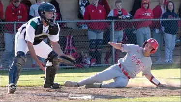  ?? PILOT PHOTO/ MAGGIE NIXON ?? ABOVE: Bradey Pittman scores Plymouth’s first run against Concord Friday as he slides in at home plate beating the throw home. The Pilgrims won 10-4.