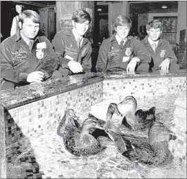  ?? RICHARD GARDNER/THE COMMERCIAL APPEAL FILES ?? Future Farmers of America members (from left): Larry McCroskey of Ward, Ark.; David Beck of Eddyville, Ky.; Barry Rinehart of Booneville, Miss.; and John E. Townsend of Paris, Tenn., stop to check out the ducks in the lobby fountain on their way to the...