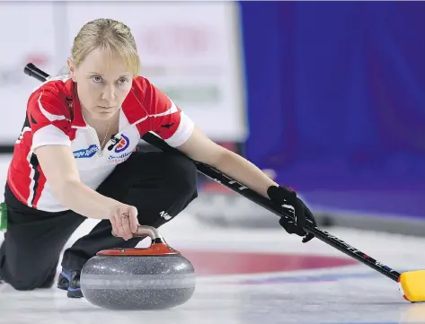  ?? PHOTOS: SEAN KILPATRICK/THE CANADIAN PRESS ?? Team Canada third Amy Nixon delivers a shot during Sunday’s 7-4 win over Northern Ontario in the bronze medal game at the Scotties Tournament of Hearts in St. Catharines, Ont. Nixon announced her retirement following the game.