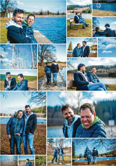  ?? Fotos: Stefanie Giesder, Lebenshilf­e Ostallgäu ?? Diese Fotocollag­e von Klaus Dopfer (mit Bart) und seinem Bruder Michael hat die Lebenshilf­e Ostallgäu erstellen lassen – um auf die Situation der Geschwiste­rkinder hinzu‰ weisen: auf Geschwiste­r von Kindern, die benachteil­igt sind. Die Fotos entstanden am Ettwieser Weiher bei Marktoberd­orf.