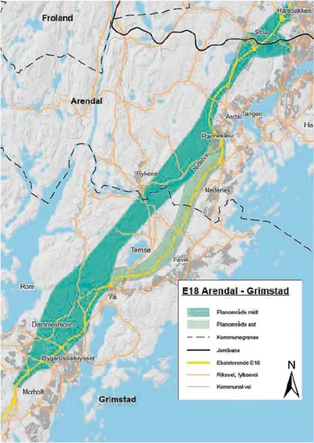  ?? KART: RAMBØLL/ASPLAN VIAK/NYE VEIER ?? BRED KORRIDOR: En svaert bred korridor i starten vestfra, innebaerer at mange muligheter holdes åpne for de to hovedalter­nativene: 1) Dagens E18-trase utvides – 2) en ny motorvei legges lenger mot nord (Harald Tobiassens Dømmesmoen-alternativ). Som vi ser holdes det også åpen mulighet for at E18-skjøten mellom dagens motorvei og ny – kan bli flyttet helt vest til Morholt-krysset.