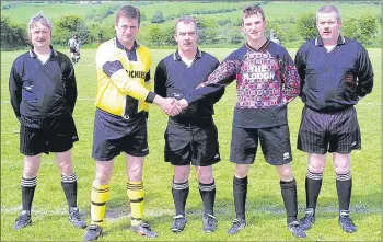  ??  ?? Before the Dungarvan Tyre Centre Cup final, held on 20th May, 2001 - l-r: Michael O’Neill, assistant; Pat Reaney, Lismore captain; Sean Kerins, referee; Shane Fitzgerald, Valley Rgs captain and Tom Griffin, assistant.