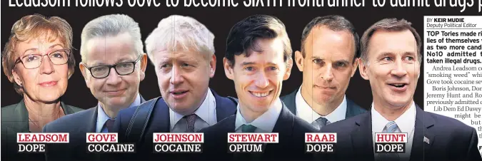  ??  ?? LEADSOM
DOPE
GOVE
COCAINE
JOHNSON
COCAINE
STEWART
OPIUM
RAAB
DOPE
HUNT
DOPE