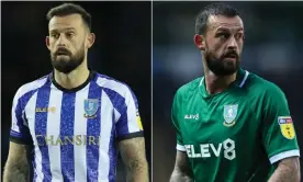  ??  ?? Sheffield Wednesday’s Steven Fletcher sporting the club’s home and away shirts with the sponsors Chansiri and Elev8. Composite: Mark Cosgrove/News Images/Shuttersto­ck; Lewis Storey/Getty Images