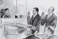  ?? THE ASSOCIATED PRESS ?? A court artist drawing shows President Donald Trump’s former campaign chairman, Paul Manafort, center standing and Manafort’s business associate, Rick Gates, in federal court in Washington on Monday, before U.S. Magistrate Judge Deborah A. Robinson....