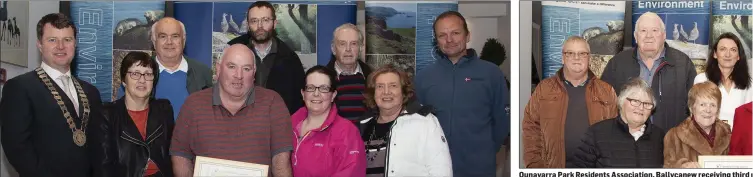  ??  ?? Ballyduff Developmen­t Group with their Keep Wexford Beautiful award. From left: Cathaoirle­ach, Gorey Kilmuckrid­ge Municipal District Cllr Malcolm Byrne, Helen Murphy, Jim O’Rourke, Kevin Walker, Enda Furlong, Michelle Doyle, Connie Rooney, Marie O’Rourke and Kevin Doyle.
Ounavarra Park Residents Associatio­n, Ballycanew receiving third place in the Best Environmen­tally Aware & Presented Housing Estate. From left: Charlie Byrne, Nora Byrne, Sean Ryan, Maura Ivory, Cliona Connolly (Environmen­t education officer, WCC), Dora Ryan and Cllr Pip Breen.