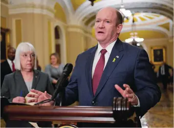  ?? ?? ▲U.S. Senator Chris Coons (D-DE) speaks during a press conference following the weekly Senate caucus luncheons on Capitol Hill in Washington, U.S.